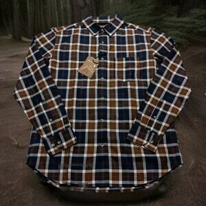 Beta Venturing Plaid Series Shirt Men's M Navy Blue Brown Easy Care Comfort